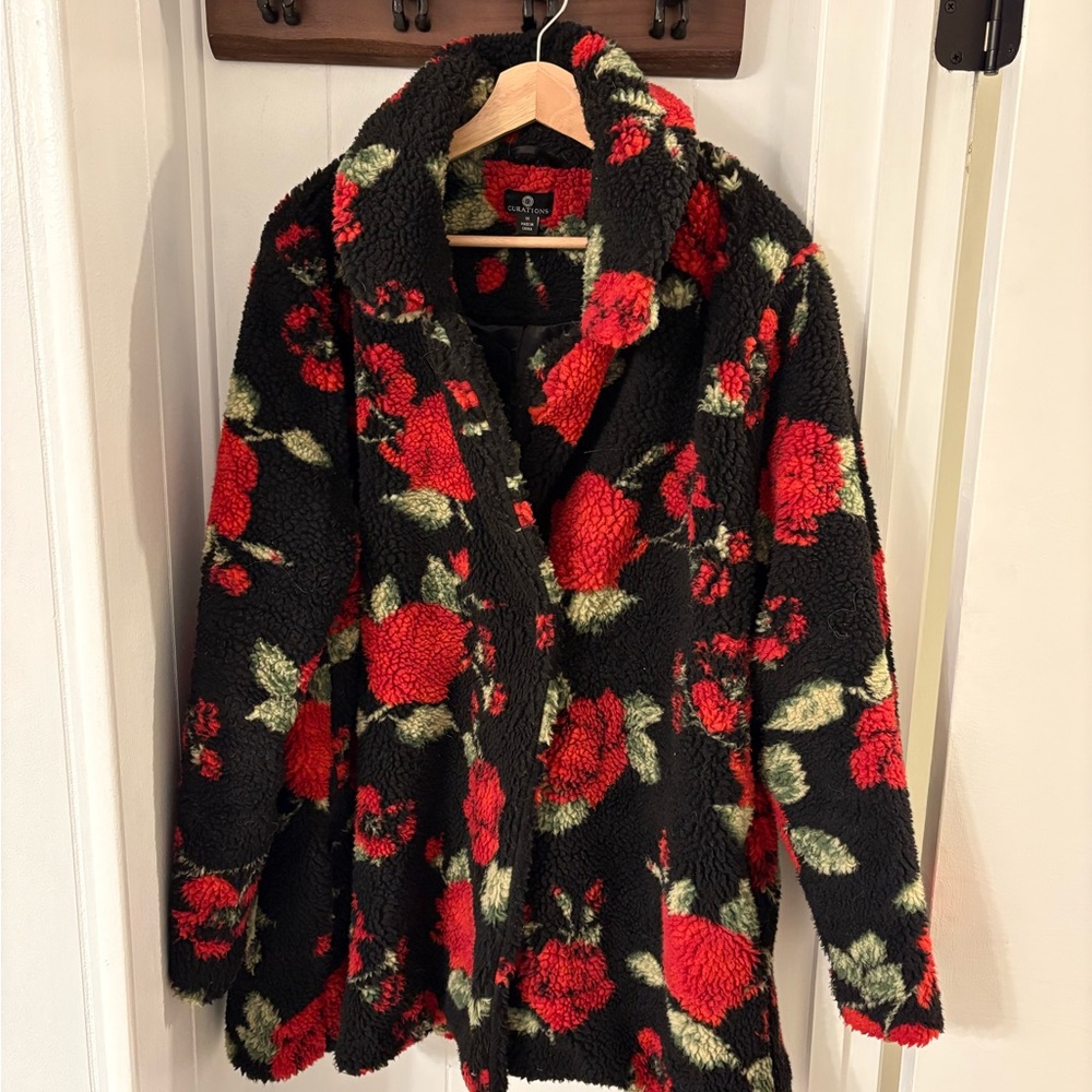 Floral Teddy Jacket in Black with Red Roses